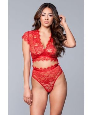 TRUEDAMES Midnight Temptation Floral Lace Bralette Set - Red