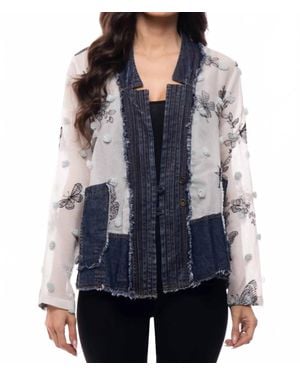 Adore Chiffon Embroidered Butterfly Jacket With Denim Trim - Blue