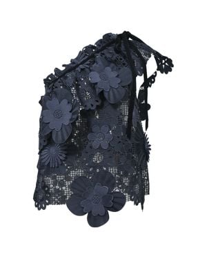 Self-Portrait Broderie Lace One Shoulder Sleeveless Ruffled Top - Blue