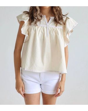 In February Lucia Flutter Sleeve Blouse With Contrast Trim - White