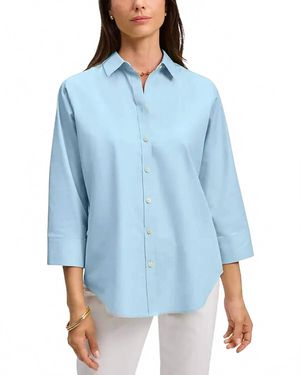 Foxcroft Margie Three Quarter Sleeve Pinpoint Oxford Shirt - Blue