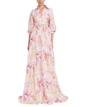 Badgley Mischka Deep V-Neck Floral Collar Gown - Pink