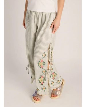 Miou Muse Floral Embroidery Striped Pant - Natural