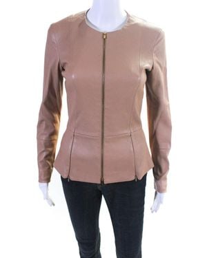 The Row Front Zip Long Sleeve Crew Neck Leather Jacket - Pink