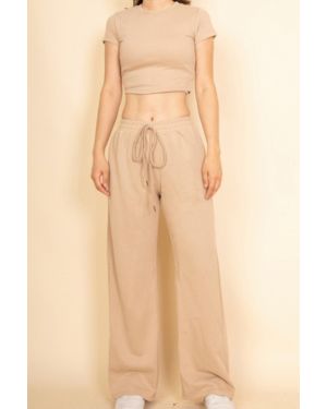 TRUEDAMES 2-Piece Crop Tee & Wide Leg Lounge Pants Set - Natural