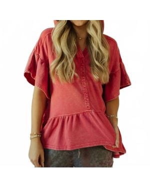 Easel Shea Hooded Ruffle Short Sleeve Sweatshirt - Red