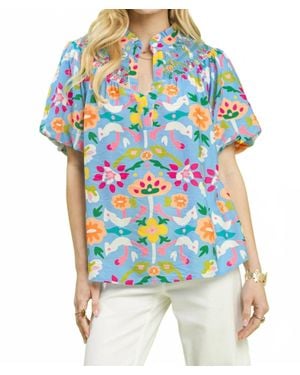 Umgee Carolina Folk Art Print Top - Blue