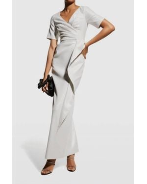 Aidan Mattox V-Neck Pleated Short Sleeve Slit Back Taffeta Dress - White