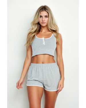 TRUEDAMES Casual French Terry Sleeveless Button Front Contrast Trim Cropped Tank Top And Shorts Set - White