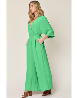 TRUEDAMES Double Take Full Size Surplice Wide Leg Jumpsuit With Pockets - Blue