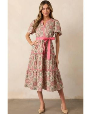 ..,merci Contrast Binding Printed Midi Dress - Natural