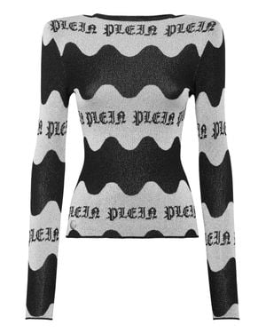 Philipp Plein Jacquard Lurex Padded Shoulder Top Waves - Black