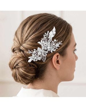 Fashnzfab Floral Rhinestone Bow Leaf Hair Comb - Brown