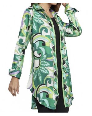Adore Button Down Satin Print Tunic Blouse - Green