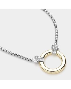 Fashnzfab 14K Plated Two Tone Cz Stone Paved Pointed Circle Pendant Necklace - Metallic