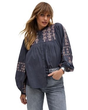 Raffya Demi Embroidered Ballon Sleeve Shirt - Blue