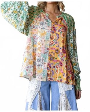 Oli & Hali Button Front V Neck Smocked Cuffs Blouse - Multicolor