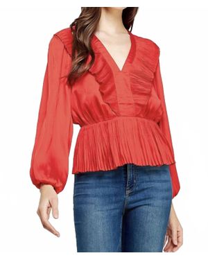 Strut & Bolt Pleated Satin Ruffle Peplum Top - Red