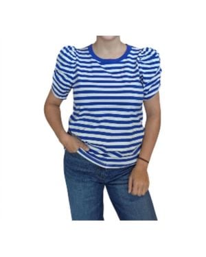 Staccato Crewneck Gathered Half Sleeve Cotton Striped Top - Blue