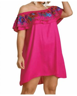 Umgee Floral Embroidered Ruffled Dress - Pink