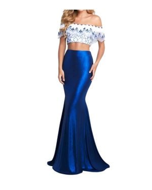 Blush Prom Hand Beaded Metallic Jersey Two Piece Gown - Blue