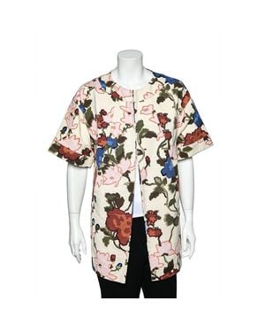 Missoni Cream Watercolor Floral Printed Canvas Hook Front Long Jacket - White