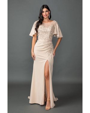 DQ Embellished Bodice Prom Dress With Illusion Neckline, Flutter Sleeves, Fitted Silhouette, And High Slit - Gray