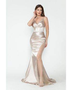 TRUEDAMES Satin Sheer Side Slit Evening Gown With V-Neck & Spaghetti Straps - White