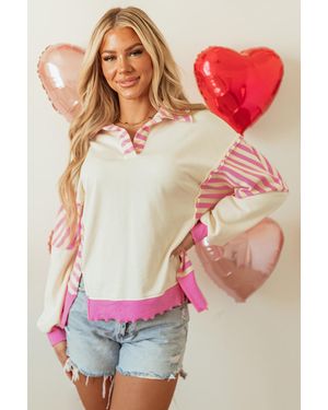 TRUEDAMES Stripe Colorblock Patchwork Colla French Terry Knit Top - Pink