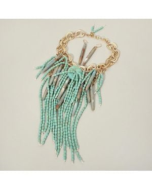 Fashnzfab Bold Marbled Bar Multi Strand Beaded Fringe Statement Necklace - Green