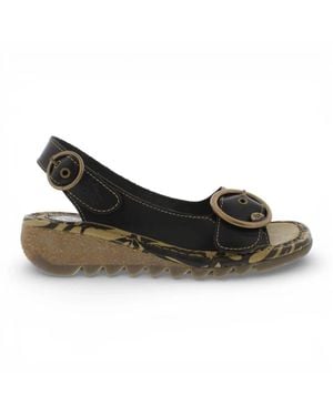 Fly London Leather Wedge Sandals Classic Everyday Leather Comfort - Black