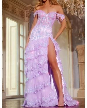 Jovani Floral Lace And Slit Off-Shoulder Tiered Gown - Purple