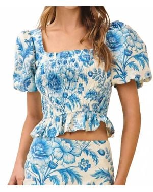 TCEC Floral Print Smocked Bodice Puff Sleeves Crop Top - Blue