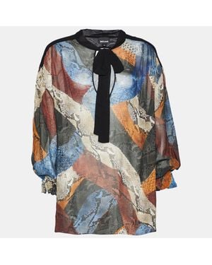 Just Cavalli Multicolor Animal Printed Chiffon Tie Neck Blouse - Blue