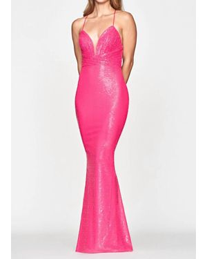 Faviana Sequin Ruched Bodice X Back Gown - Pink