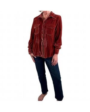 Easel Button Down Velvet Shirt - Red