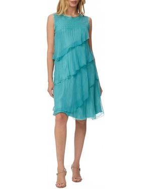 Komarov Chiffon Charmeuse Round Neck Sleeveless Pleated Asymmetrical Ruffle Tiered Dress - Blue