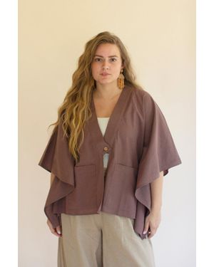 KALALOU Winged-Sleeve Kimono W Front Pockets And Button - Brown