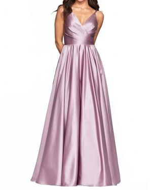 Faviana V-Neck Pleated Satin Gown - Purple