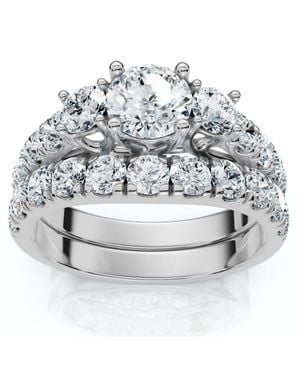 Pompeii3 1 3/4Ct 3-Stone Diamond Engagement Wedding Ring Set 14K Or Pt Lab Grown - Metallic