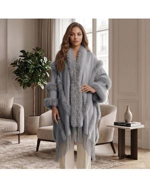 TRUEDAMES Faux Fur Trim Fringe Open Front Long Cape Coat Poncho - Gray