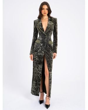 Miss Circle Willow Glossy Velvet High Slit Blazer Gown - Green