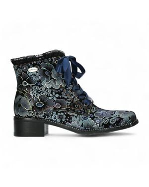 Laura Vita Emcmao-45 Floral Gothic Victorian Leather Ankle Heeled Boots - Blue