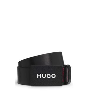 HUGO Matte Leather Belt With Branded Plaque Buckle - Black