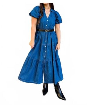 Apny Long Tiered Dress With Puff Sleeve - Blue