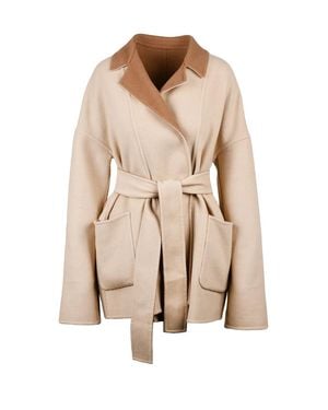 Eleventy Reversible Wool Coat With Belted Waist And Contrasting Collar - Natural