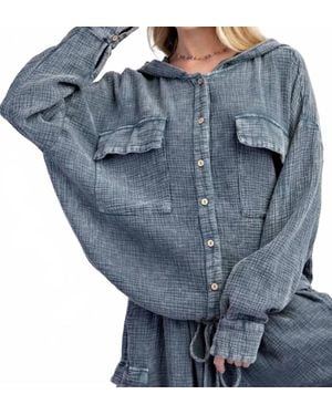 Easel Button Down Cotton Gauze Hoodie - Blue