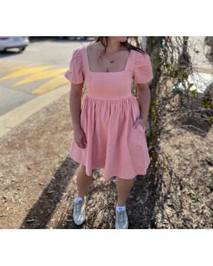 Mittoshop Washed Denim Puff Sleeve Babydoll Dress - Pink