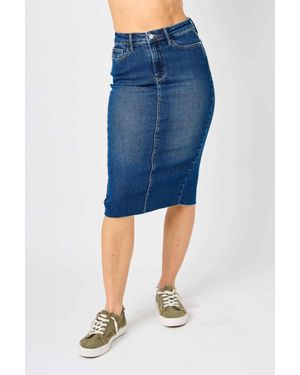 Judy Blue High Waist Back Slit Hem Mid Length Skirt - Blue