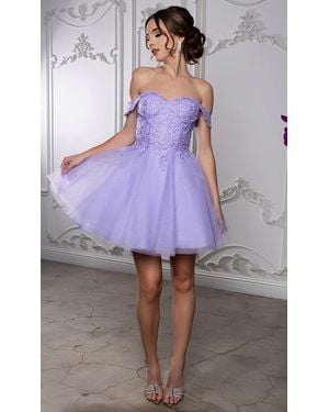 TRUEDAMES Off Shoulder Beaded Lace Appliqué Cocktail Dress Glitter Tulle A-Line Dress - Purple